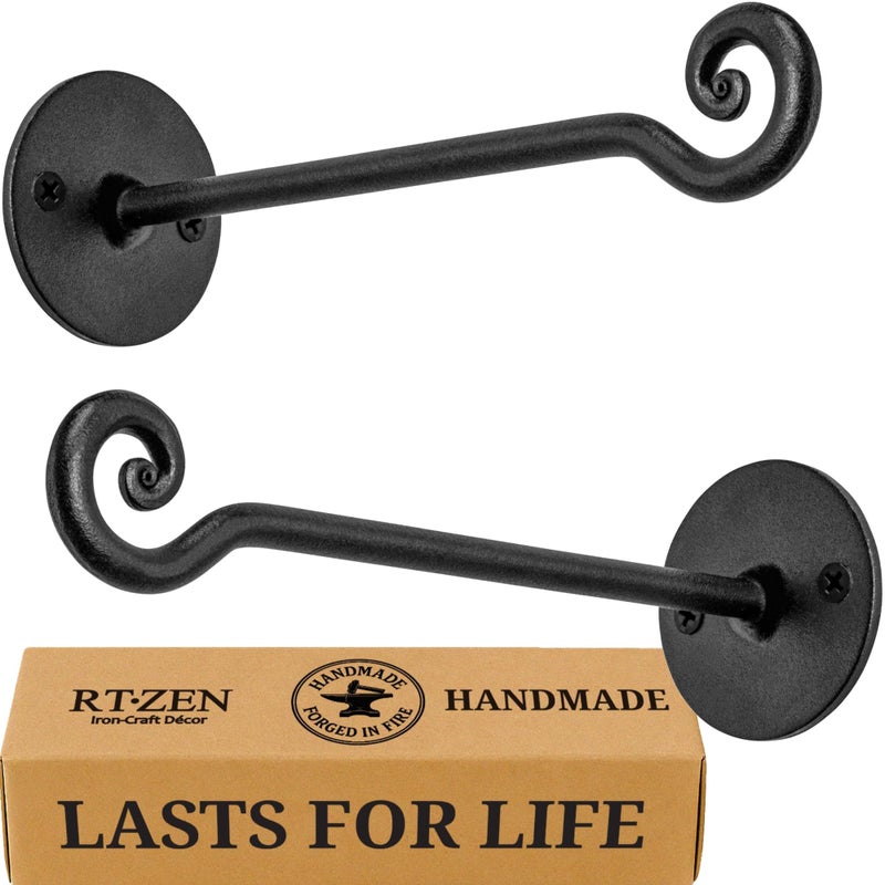 RTZEN Plant Hangers Indoor or Outdoor - Wrought Iron Metal Hanger Indoor Hook - Heavy Duty Wall Bracket Hooks for Hanging Plants Baskets Lanterns Wind Chimes - 2 Pack (Black Swirl Hooks) - Image 1